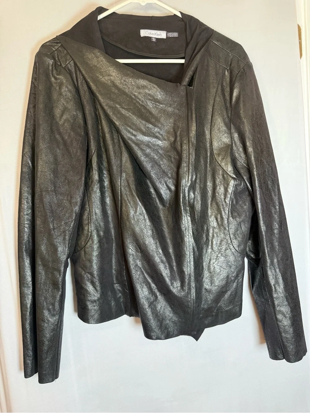 Calvin Klein Black Faux-Leather Draped Open-Front Jacket